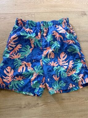 Southern Marsh Blue Swim Trunks with Green and Coral Leaf Print Youth L